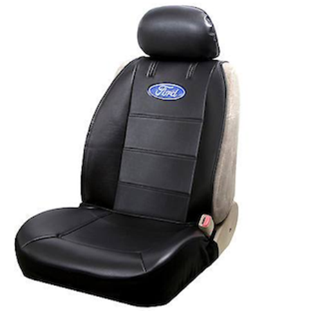 A car seat with a black leather cover.
