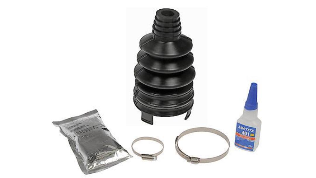 Product image of a Dorman split boot repair kit including the boot, grease, clamps and sealant