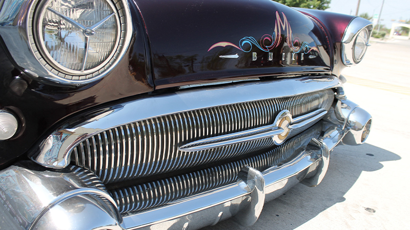 a closeup of the front grille of a lowrider classic Buick