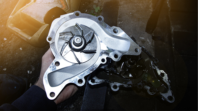 A view of the inside of a water pump showing the impeller