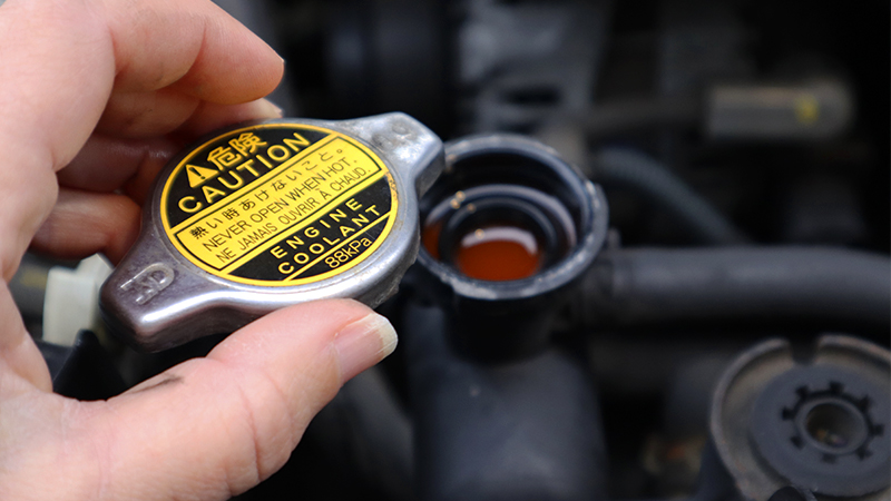 A closeup of a radiator cap removed, showing the full fluid level inside
