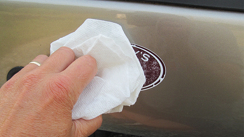 holding a paper towel over a bumper sticker